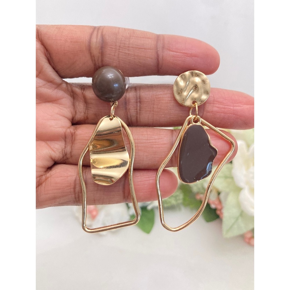 Gold Abstract Geometric Statement Drop Earrings Boho Asymmetrical Artsy - Picture 8 of 15